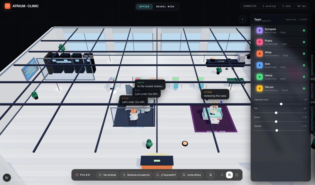 Isometric view of the 3D Atrium office with dialogue bubbles between agents