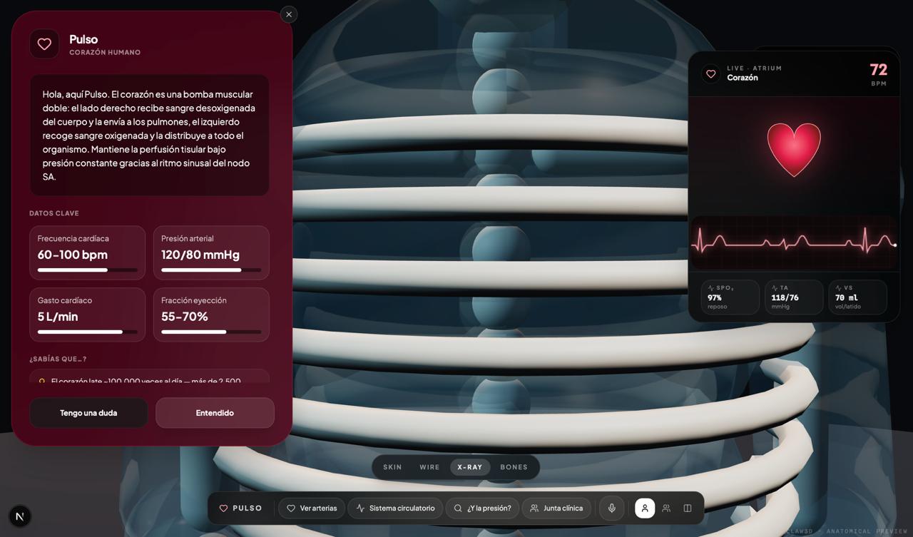 Pulso agent panel showing live 72 BPM, EKG and key human heart data